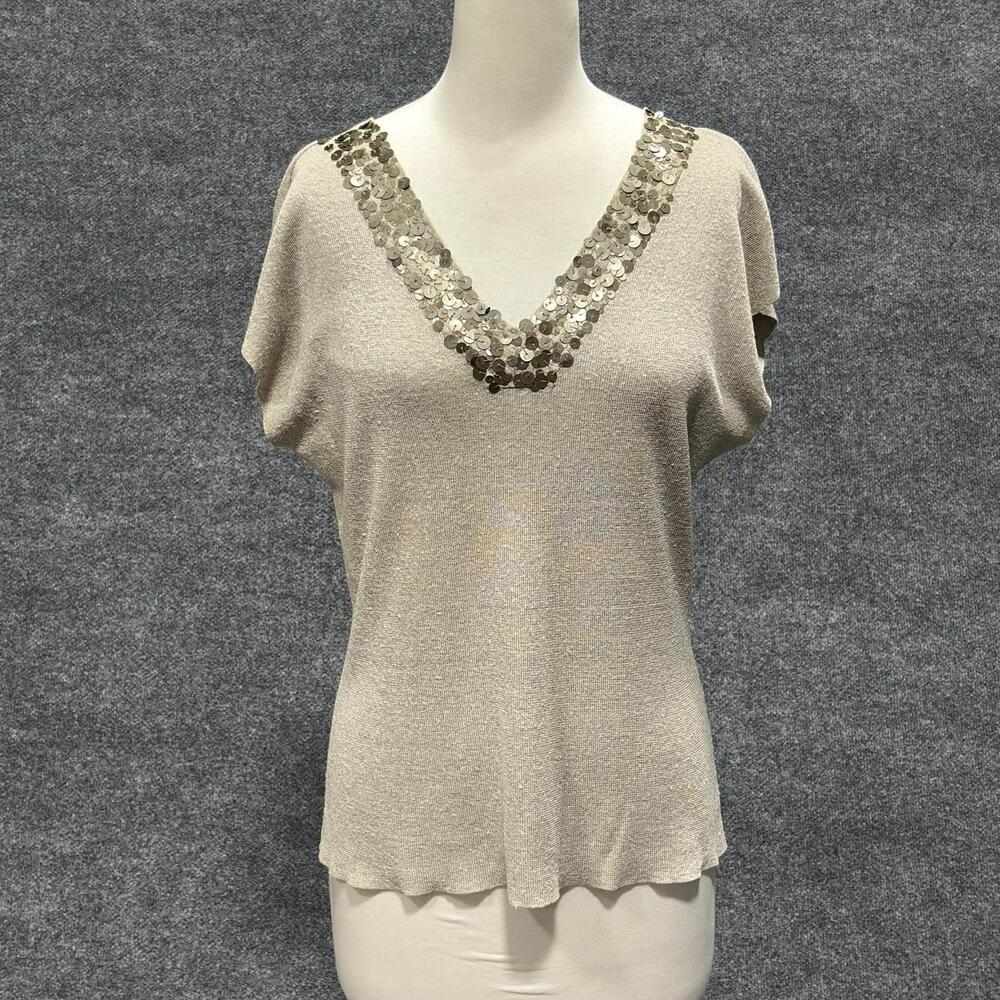 Venini Shirt Womens XL Beige Sequin V Neck Dolman Short Sleeve Linen Blend Top